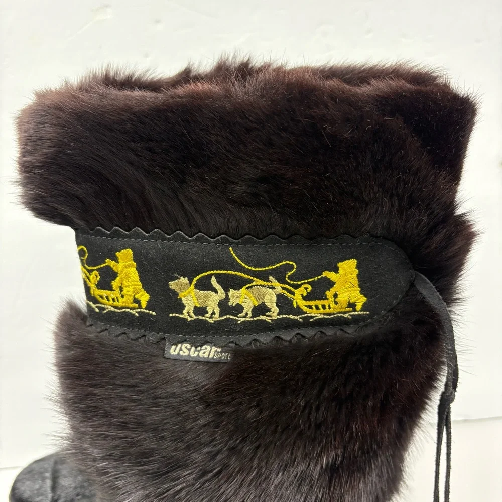 Vintage Oscar Sport Elisa Winna Black Fur Winter Snow Boots Gold Dogsleds 40